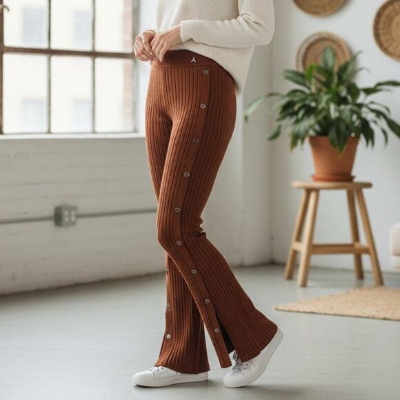 Maniere De Voir Pants - Maniere De Voir Ribbed Knit Pants Small Button Slit Elastic Waist Flare